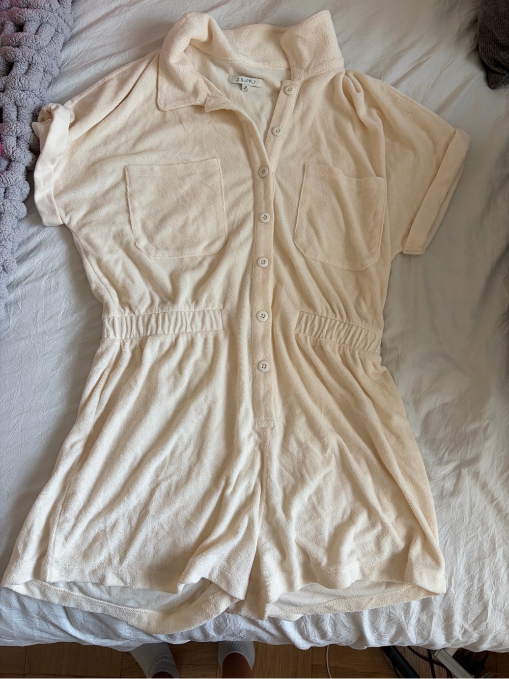 Z Supply Soft Cream Button-Front Short Sleeve Romper